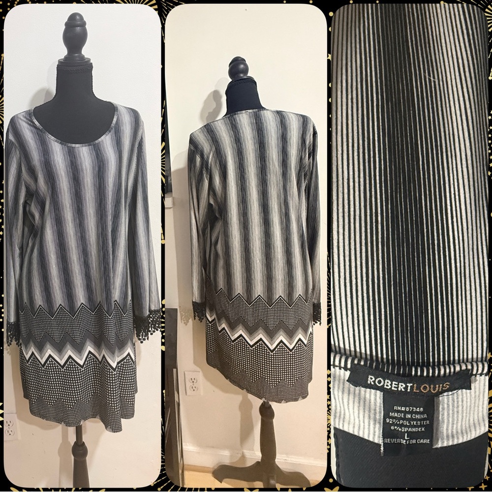 Robert Louis Women’s Monochrome Striped Long Sleeve Dress w/ Zigzag Hem-Sz Large